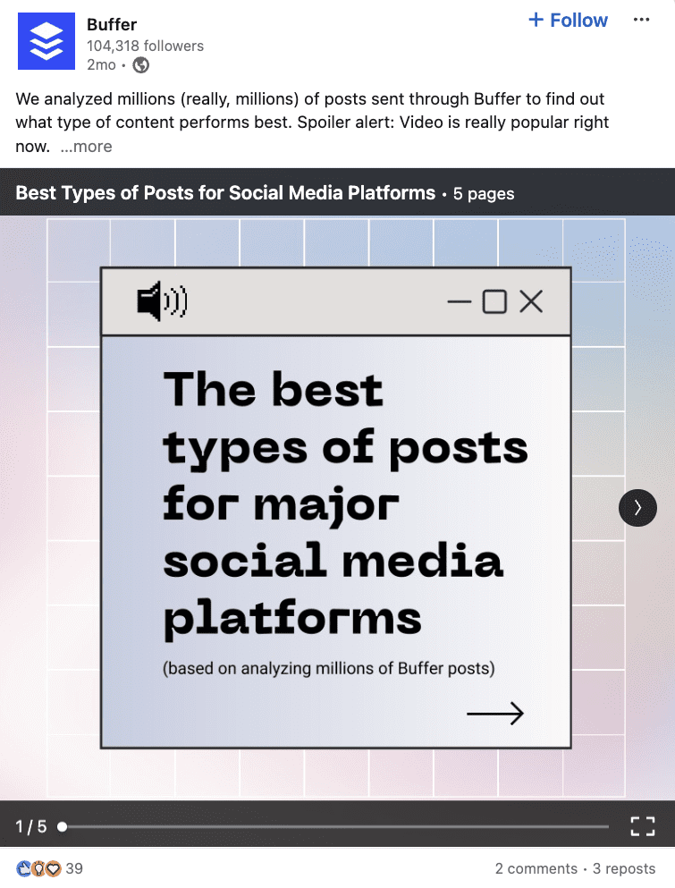 A Facebook post by Buffer features a graphic with the text: "The best types of posts for major social media platforms (based on analyzing millions of Buffer posts)". The background consists of a gradient with a gridline pattern, making it perfect for content marketing insights. Two comments, three reactions.