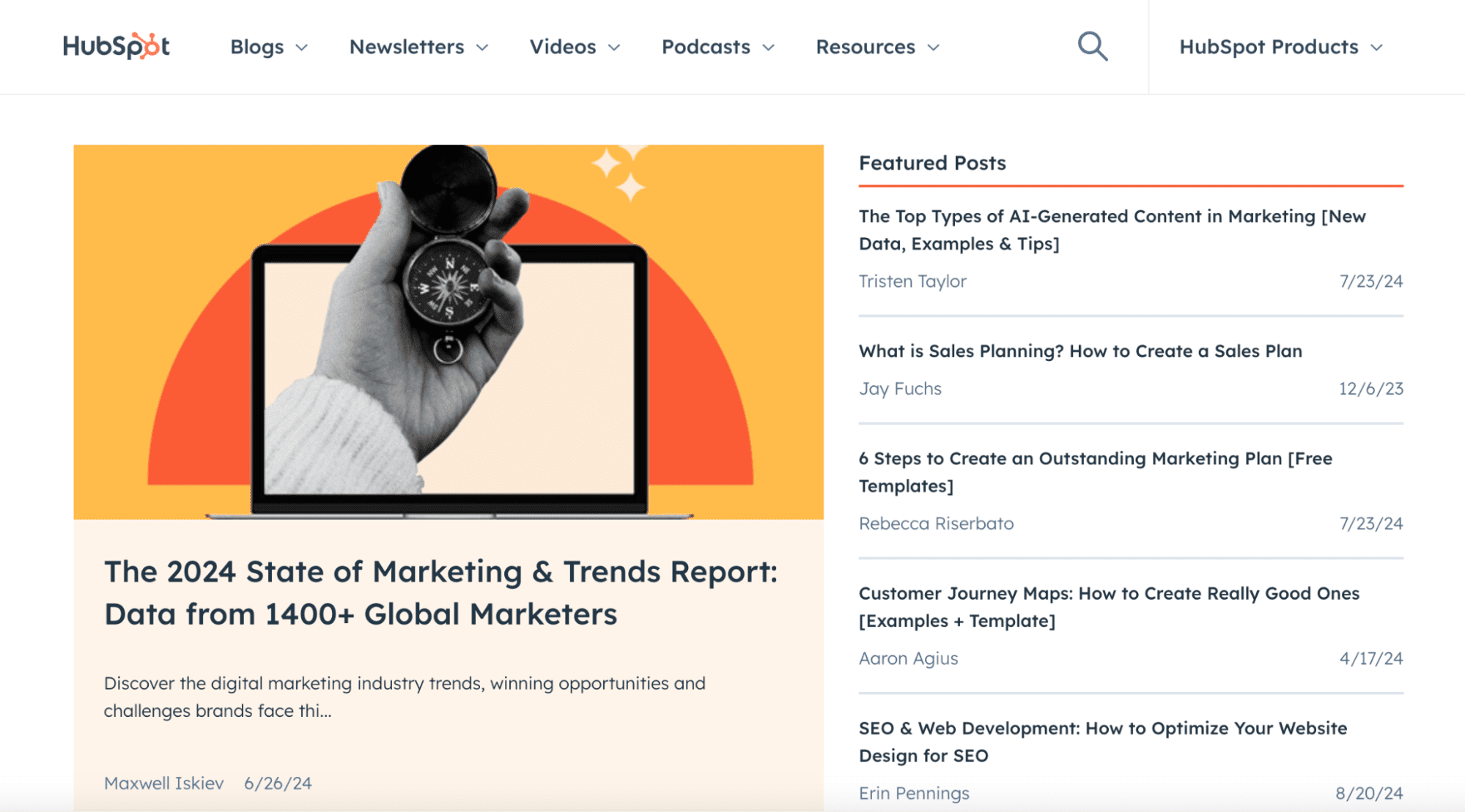 Screenshot of a HubSpot blog page displaying a featured post titled "The 2024 State of Marketing & Trends Report: Data from 1400+ Global Marketers." The right sidebar lists other featured posts with their titles and dates. The background includes a graphic of a laptop and compass, highlighting the importance of content marketing.